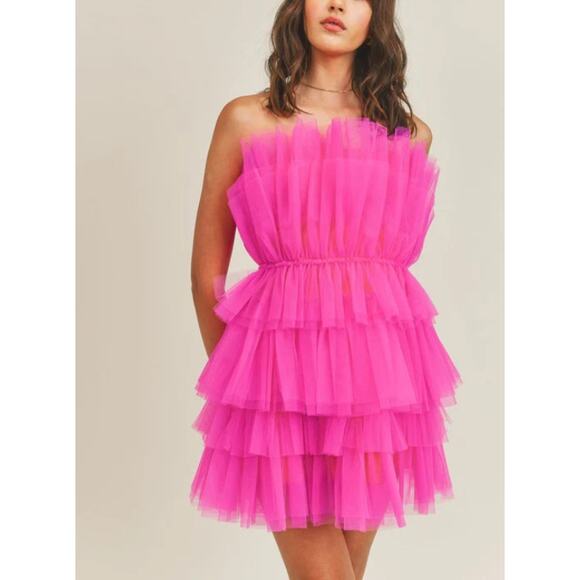 Thirty Thirty Strapless Ruffle Tulle Mini Dress WMNS L Hot Pink Tiered Slim Fit - Picture 2 of 11